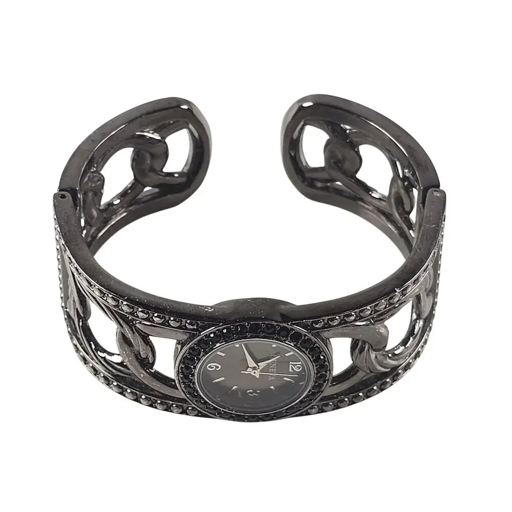 Women's Bangle Cuff Watch Gunmetal Chain Link Design Face Black Dial Geneva